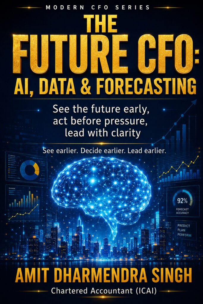Book cover of The Future CFO: AI, Data & Forecasting by Amit Dharmendra Singh, featuring a digital AI brain, financial charts, and futuristic finance technology imagery.