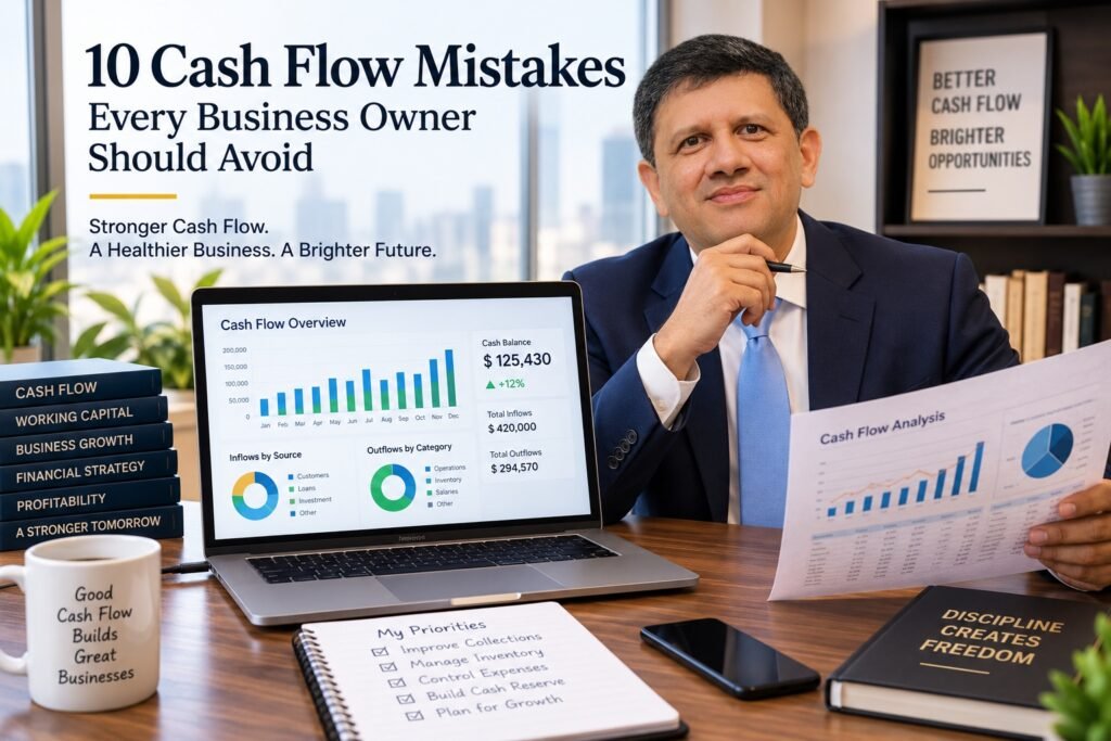Business owner reviewing cash flow reports beside a laptop displaying a cash flow dashboard, illustrating common cash flow mistakes and better financial management.