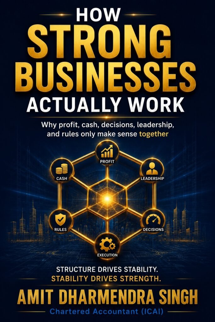 Book cover of How Strong Businesses Actually Work by Amit Dharmendra Singh, exploring how profit, cash, decisions, leadership, rules, and execution work together to build resilient businesses.