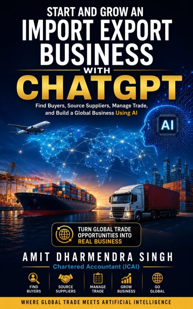 Book cover of Start and Grow an Import Export Business with ChatGPT featuring global trade, cargo ship, truck, international logistics, and AI powered business imagery.