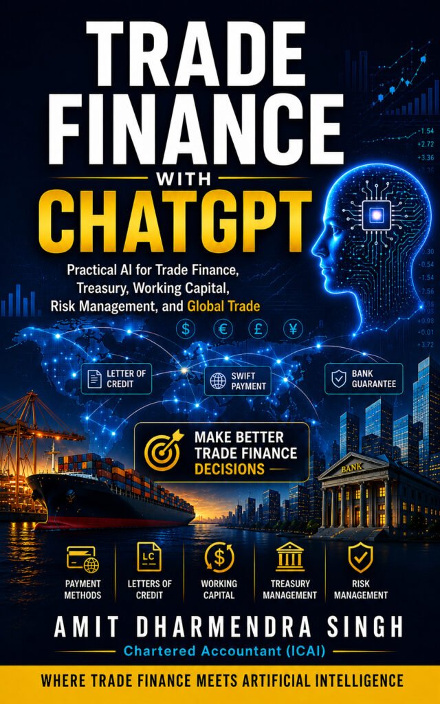 Trade Finance with ChatGPT book cover by Amit Dharmendra Singh, covering practical AI applications for trade finance, treasury, working capital, risk management, and global trade.