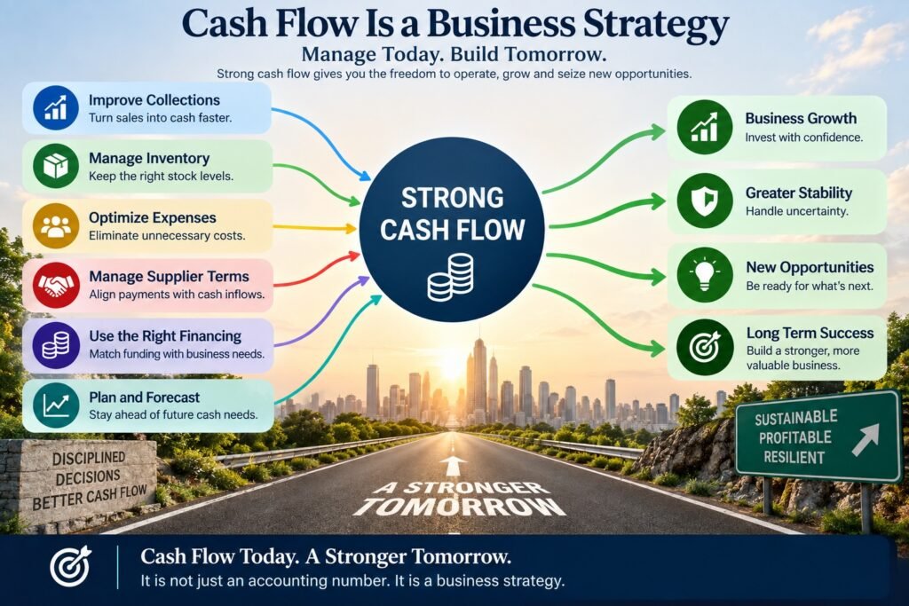 Infographic showing cash flow as a business strategy, with actions such as improving collections, managing inventory,