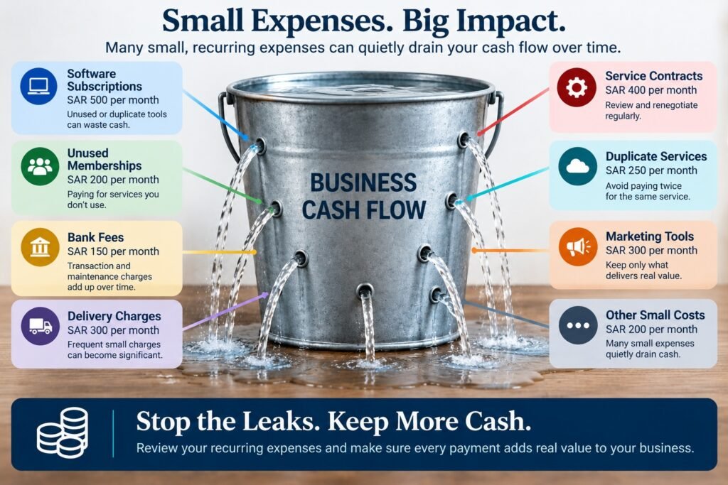 Illustration of a leaking bucket showing how small recurring business expenses such as subscriptions, bank fees, delivery charges and duplicate services can drain cash flow.